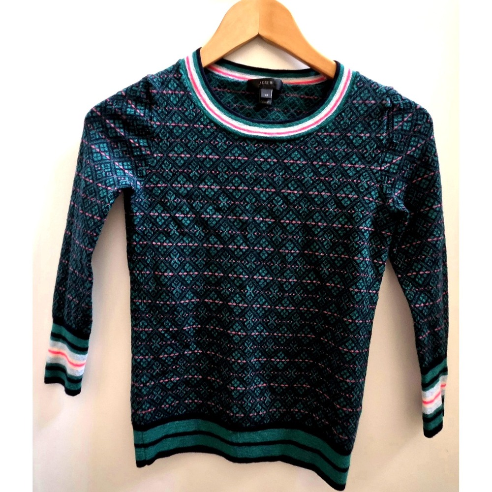 J. Crew XS 100% Merino Wool Crew Neck Kelly Green/Navy/Hot Pink Sweater Pattern
